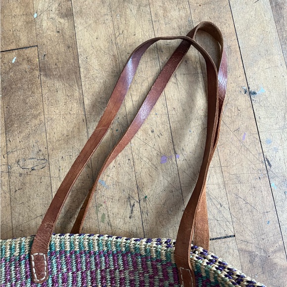 Woven market bag with leather shoulder straps - Picture 3 of 3